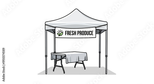 Farmers Market Stall with Fresh Produce Sign and Empty Table