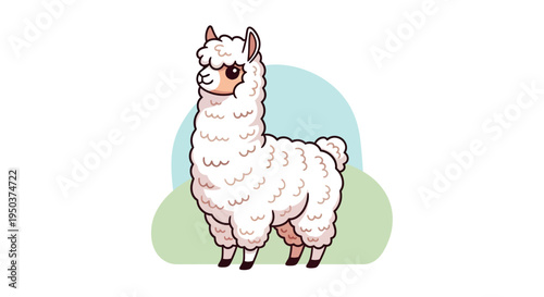 Cute White Llama Cartoon Character Standing on Green Grass with Blue Circle Background