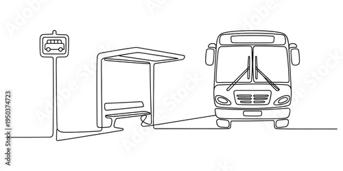 Continuous single line drawing of a city bus arriving at a modern passenger transit bus station