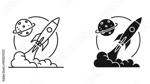 Rocket Launch Icon Set: Line Art and Silhouette with Planet and Clouds, Space Exploration Concept