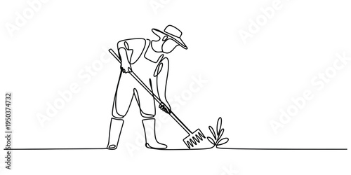 A single continuous line drawing of a farmer wearing a hat and overalls using a rake in a garden