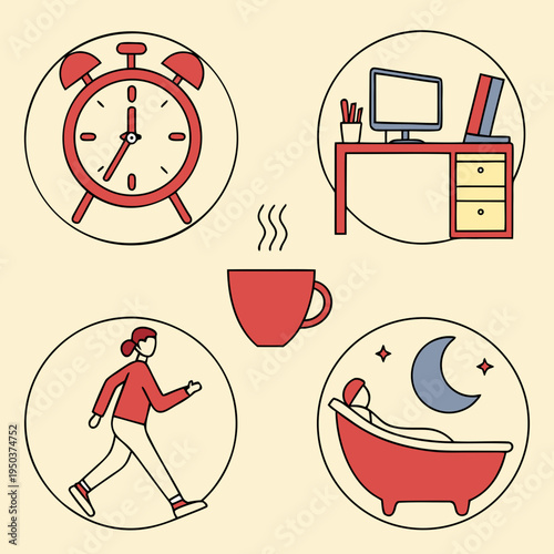 Daily routine icons: wake up, work, exercise, relax - flat design, alarm clock, computer desk, coffee cup, self care, personal care