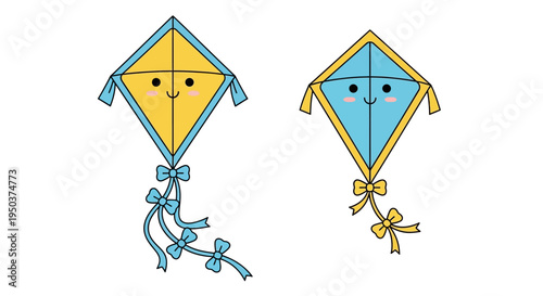 Cute Kawaii Kites Flying with Happy Faces and Ribbons