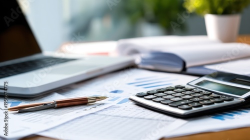 A workspace featuring a laptop, calculator, charts, and a plant for a productive atmosphere