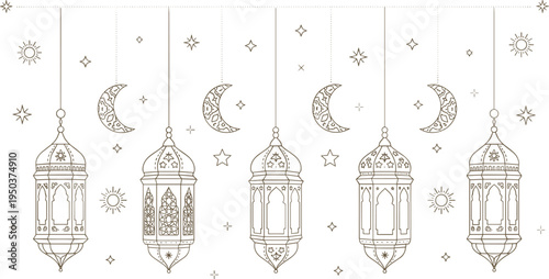 Islamic Ramadan Hanging Lantern Pattern with Crescent Moon Stars Decorative Arabic Seamless Background Vector Illustration