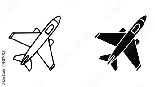 Jet Fighter Aircraft Icons: Outline and Silhouette, Top View
