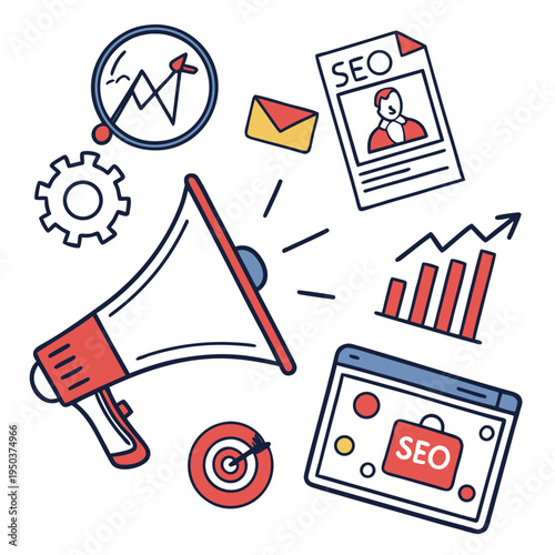 Seo and digital marketing icons: megaphone, SEO document, analytics graph, and target, search engine, flat design, icon set, SEO strategy