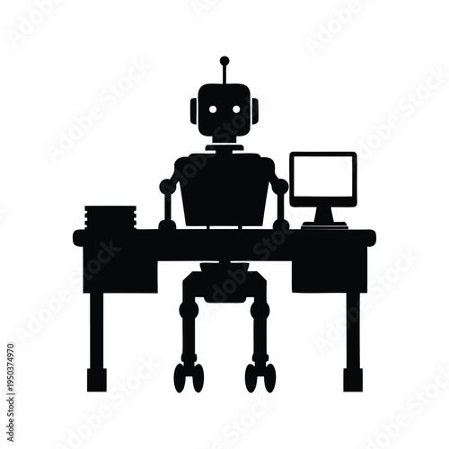Robot working at desk silhouette vector illustration,A black and white silhouette of a robot working at a desk with a computer