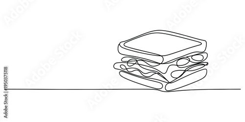A single continuous line drawing of a delicious sandwich with layered ingredients and bread slices