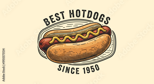 Classic vintage hotdog emblem design, perfect for retro fast food restaurants, street food stalls, or a classic American snack bar branding with a nostalgic feel