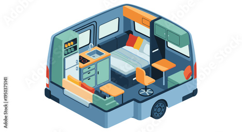 Isometric illustration showcasing the compact and functional interior design of a modern camper van, perfect for adventurous road trips and minimalist living.