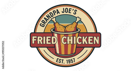 Vintage retro style badge logo design for a fried chicken restaurant, featuring a bucket of crispy drumsticks, established in 1957, perfect for branding and culinary businesses