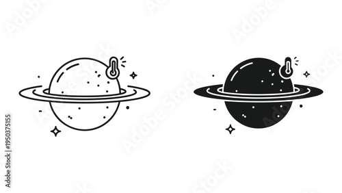 Planet with Ring and Thermometer Icons - Climate Change and Global Warming Concept
