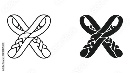 Intertwined Ribbons and Knots Icon Set - Line Art and Solid Black Vector Graphics