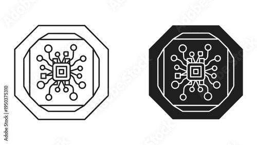 Modern Circuit Board Chip with Connections - Dual Icon Set