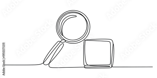 A single continuous line drawing of a magnifying glass positioned next to a small square block