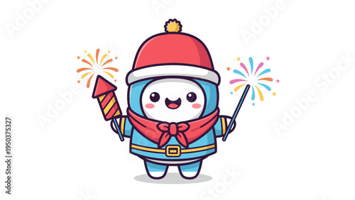 A cute cartoon character wearing a red winter hat and holding fireworks for a festive celebration Vector