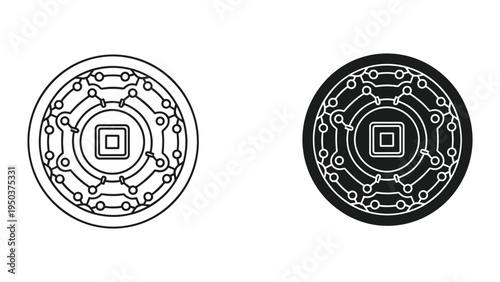 Digital Coin Icon - Circular Technology Symbol with Network Pattern