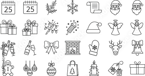 Christmas Holiday Line Icons Set Editable Stroke Collection with Santa Gifts Decorations Snowflake Fireplace Reindeer Festive Symbols