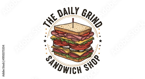 The Daily Grind Sandwich Shop Logo featuring a stacked sandwich with fresh ingredients inside a circular badge with stars
