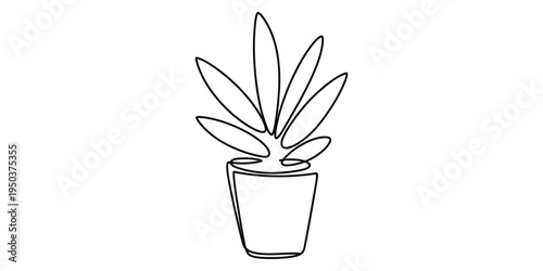 Minimalist continuous line drawing of a small potted houseplant with several pointed green leaves