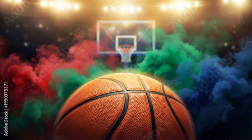 Basketball in foreground with colorful smoke and stadium lights in background