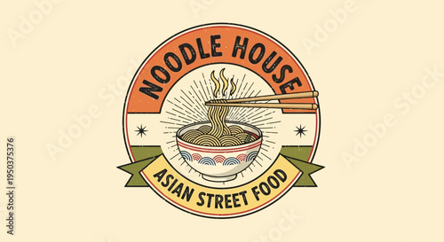 Noodle House Asian Street Food logo design featuring a bowl of noodles with chopsticks, suitable for a restaurant or food business