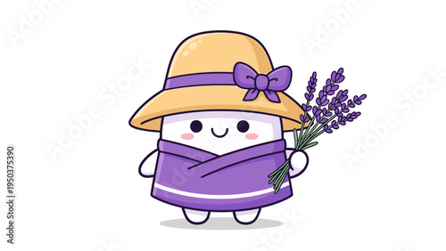 A cute cartoon character wearing a straw hat and a purple shawl while holding a sprig of lavender Vector
