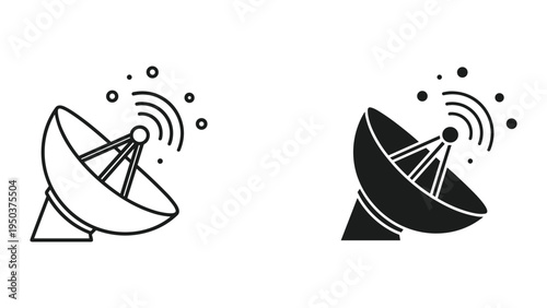 Satellite Dish Antenna Icon Set - Line Art and Silhouette with Signal Waves