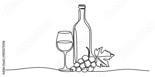 Continuous line drawing of a wine bottle a glass of wine and a bunch of grapes with a grape leaf