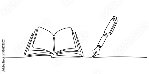 Continuous single line drawing of an open book and a fountain pen for education and writing tasks