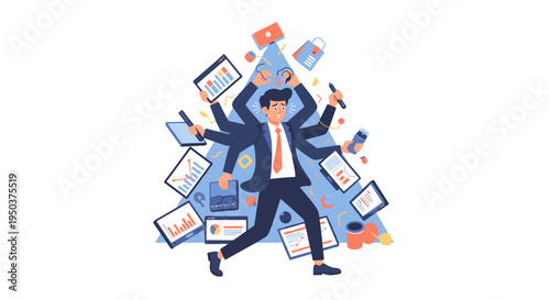 Dynamic illustration of a multi-tasking businessman juggling numerous digital devices and tasks, symbolizing productivity and efficiency in a busy work environment.