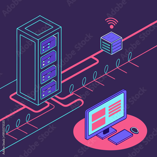 Isometric illustration of computer server rack, desktop computer, and network equipment, data center, machine learning, big data