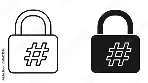Hashtag Security Lock Icons: Black and White Line Art and Solid Fill Symbol