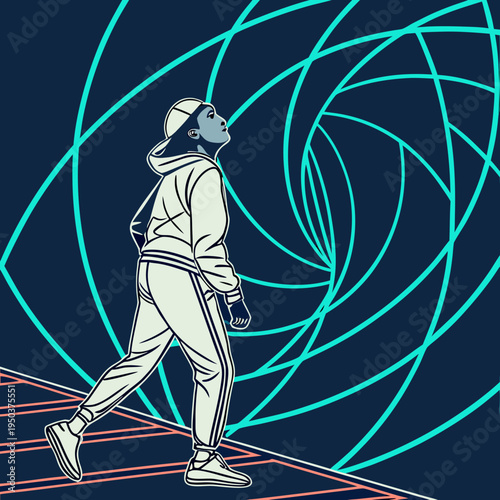 Stylized illustration of a person in athletic wear looking up at abstract geometric shapes with looking up with digital art with person silhouette