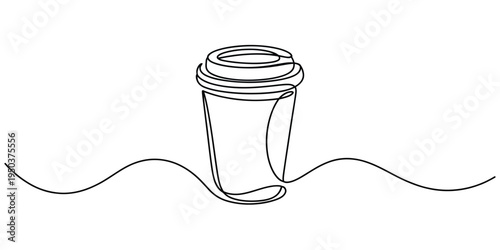 Minimalist continuous line drawing of a disposable coffee cup with a lid for a hot beverage drink