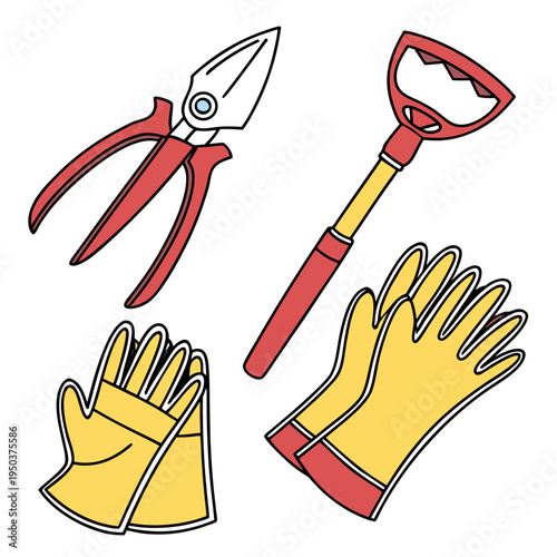 Gardening gloves, secateurs, and trowel illustration, hand tool, tool kit