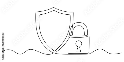 Continuous single line drawing of a protective shield and a security padlock for digital safety