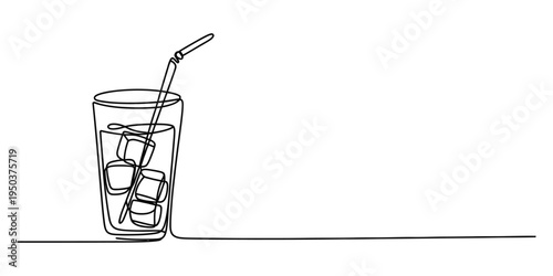 A single continuous line drawing of a glass filled with cold refreshing beverage and ice cubes