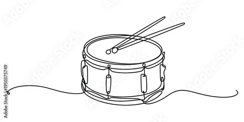 A continuous single line drawing of a musical snare drum with two wooden drumsticks on the surface