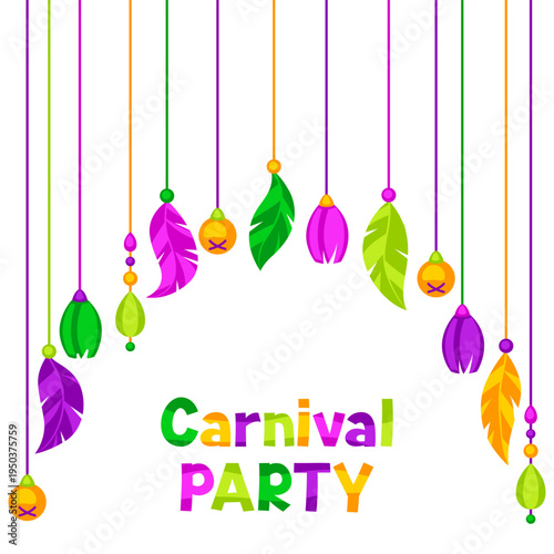 Mardi Gras party background with feathers and beads. Carnival illustration for traditional holiday or festival.
