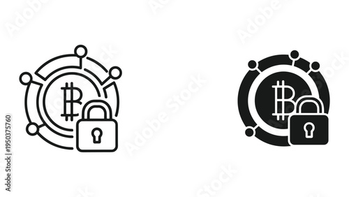 Bitcoin Cryptocurrency Security and Protection Icon with Lock and Network Nodes - Line and Solid Style