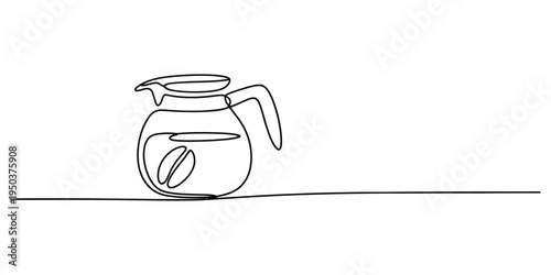 A single continuous line drawing of a glass coffee carafe with a coffee bean inside the container