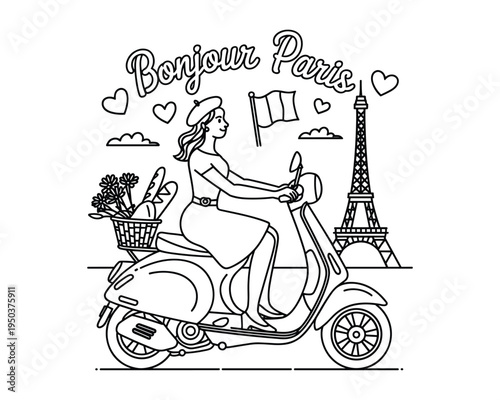Chic Parisian woman rides a scooter past the Eiffel Tower with flowers and baguettes