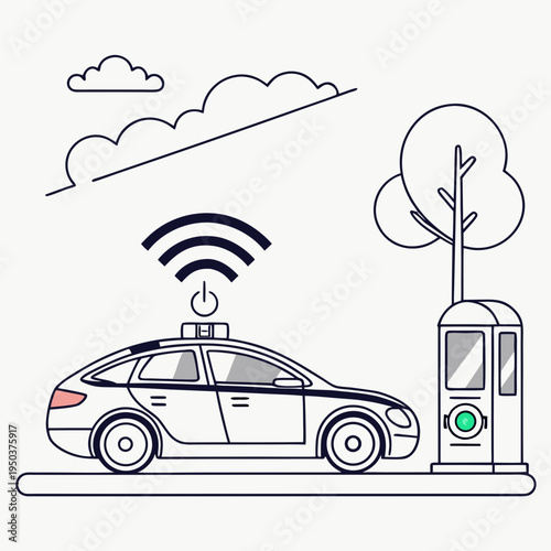 Autonomous electric car charging station illustration: self-driving vehicle with wireless connectivity and sustainable energy with smart car with line art with eco friendly