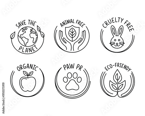 Collection of handdrawn circular icons representing environmental and ethical product certifications