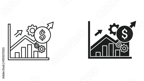 Financial Growth Chart with Gears, Dollar Coin, and Upward Arrow Icon