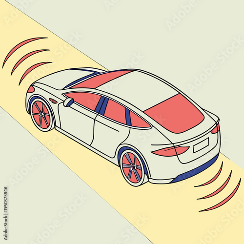 Modern autonomous connected car isometric illustration: smart vehicle with advanced technology and wireless signals with line art with self driving car with smart mobility