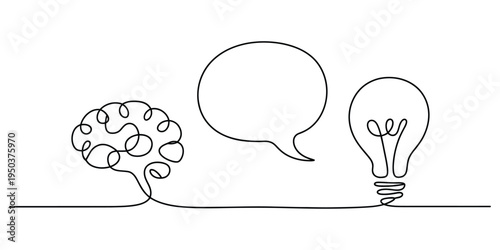 Continuous line drawing of a brain a speech bubble and a lightbulb representing creative thought