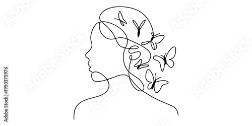 Minimalist continuous line art illustration of a woman profile with butterflies in her hair style
